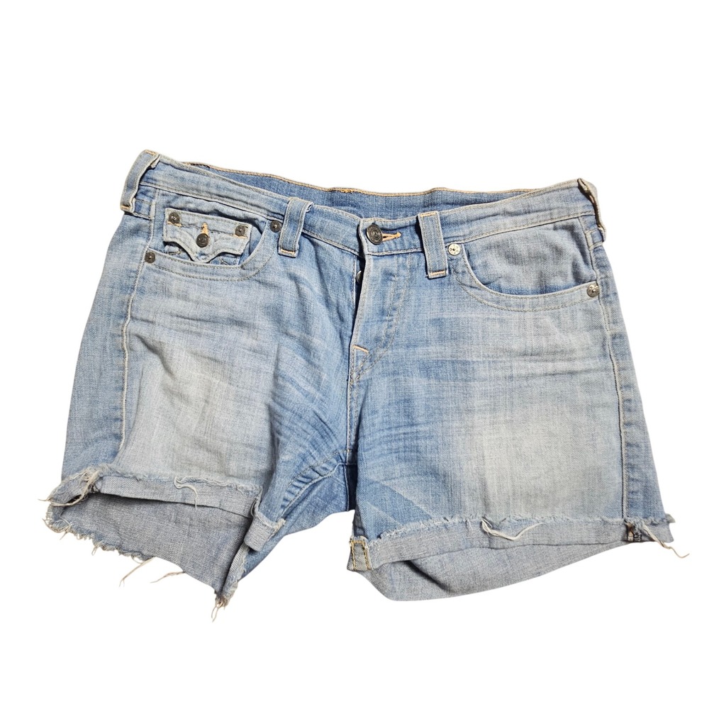True Religion Cut Off Denim Shorts 31 Low Rise Medium Wash USA Retro Chic Y2K